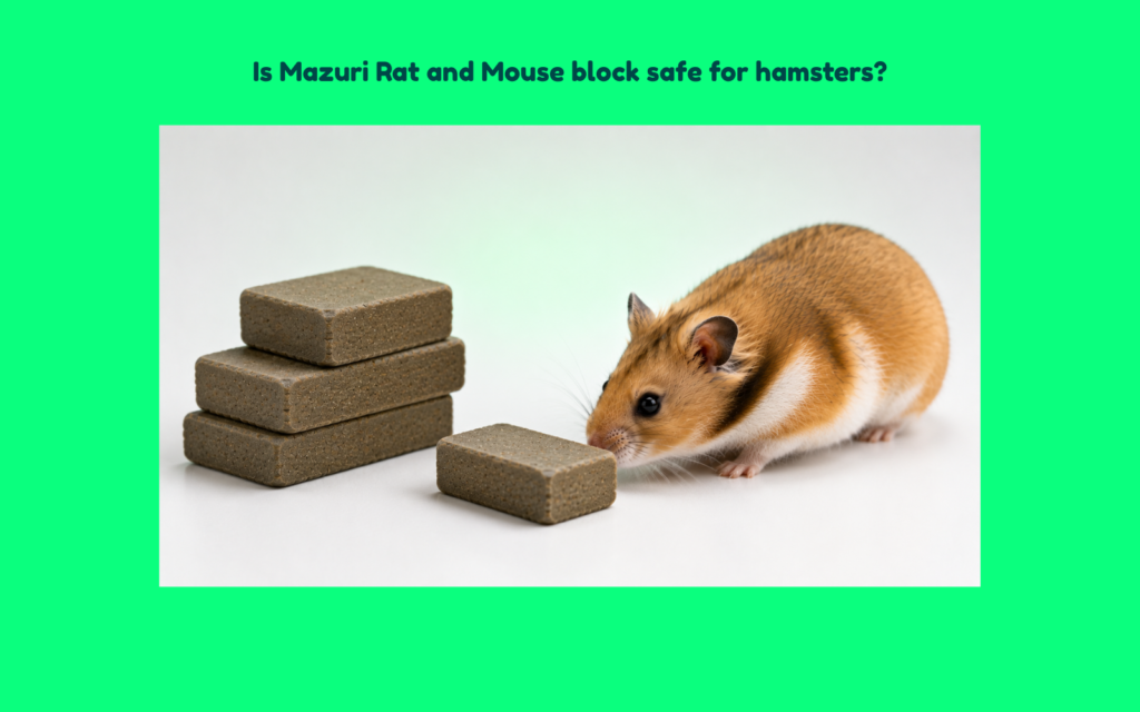 Healthy Syrian hamster investigating laboratory-style rodent chow blocks on a clean white surface during a pet nutrition suitability assessment