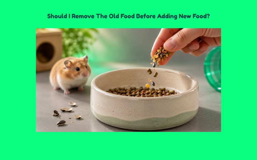 Partially filled ceramic hamster food bowl with mostly leftover pellets and a few remaining seeds as a hand adds a small amount of fresh food. Empty sunflower seed husks sit nearby while a Syrian hamster observes the bowl