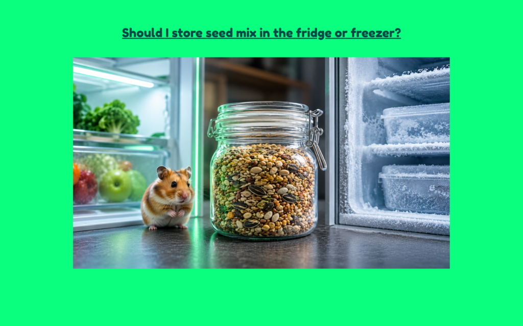 Glass jar filled with hamster seed mix positioned between an open refrigerator and a frosty freezer, with a small hamster nearby in a modern kitchen setting.