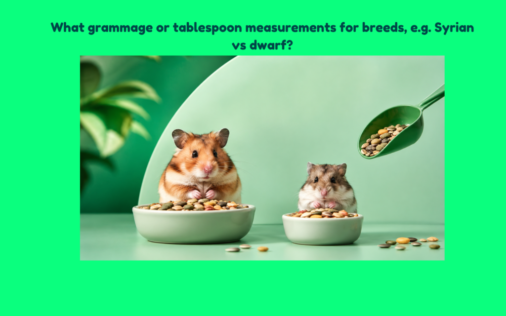 Syrian and dwarf hamster beside separate food bowls with a measuring scoop of seed mix, illustrating portion size and feeding quantity differences between hamster breeds.