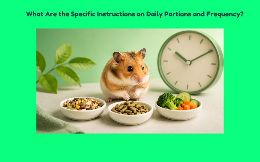 Syrian hamster with measured food portions including pellets, seeds, and vegetables beside a clock representing a daily hamster feeding schedule.