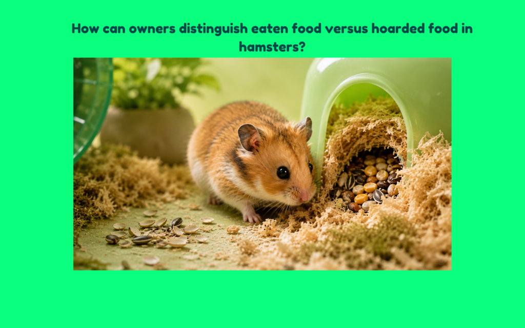 Hamster investigating a hidden food cache in bedding beside empty seed husks, illustrating the difference between hoarded food and eaten food in a natural habitat.