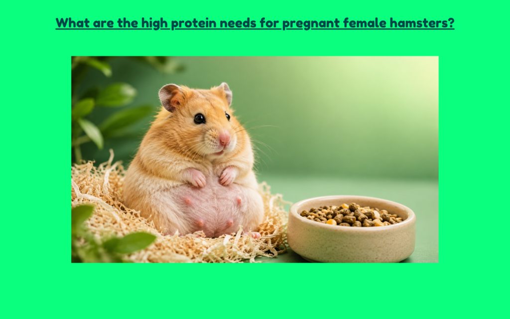 Pregnant female hamster resting in soft bedding beside a small bowl of protein-rich feed, illustrating increased nutritional needs during pregnancy.