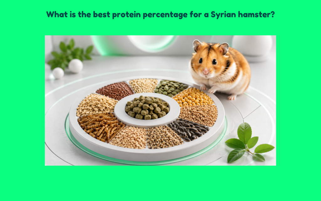Syrian hamster beside a balanced diet formulation with pellets, seeds, grains, and mealworms arranged in a circular nutrition composition representing optimized protein nutrition.