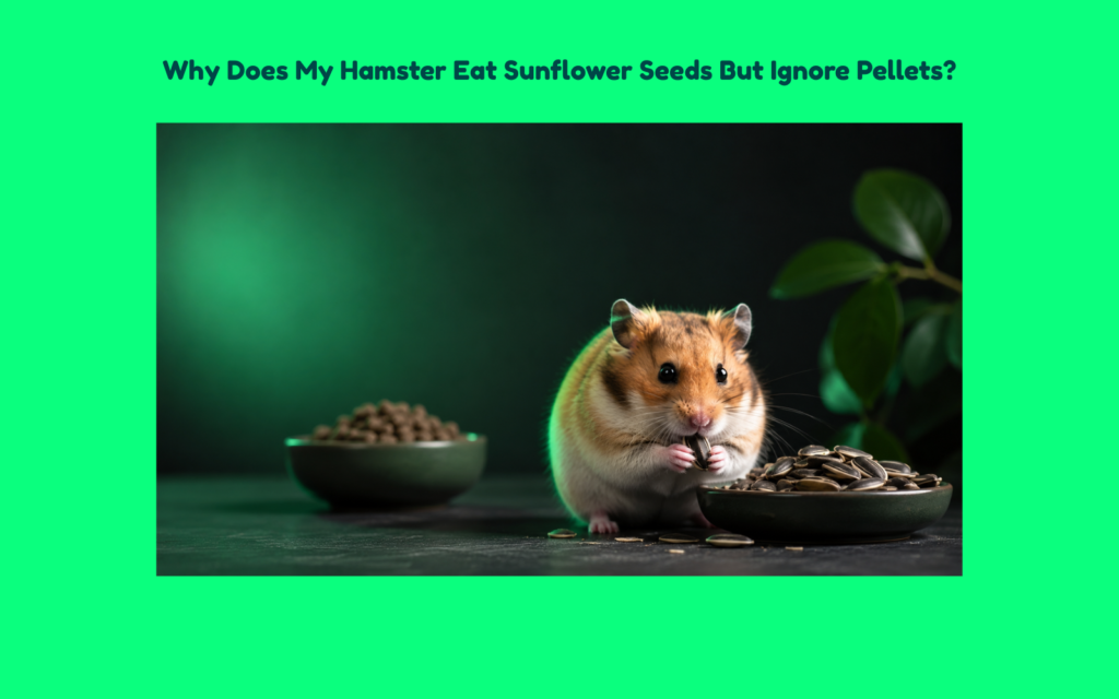 **Alt Text** Golden Syrian hamster holding a sunflower seed beside a full bowl of sunflower seeds while an untouched bowl of hamster pellets sits blurred in the background, illustrating selective feeding behavior and pellet refusal.
