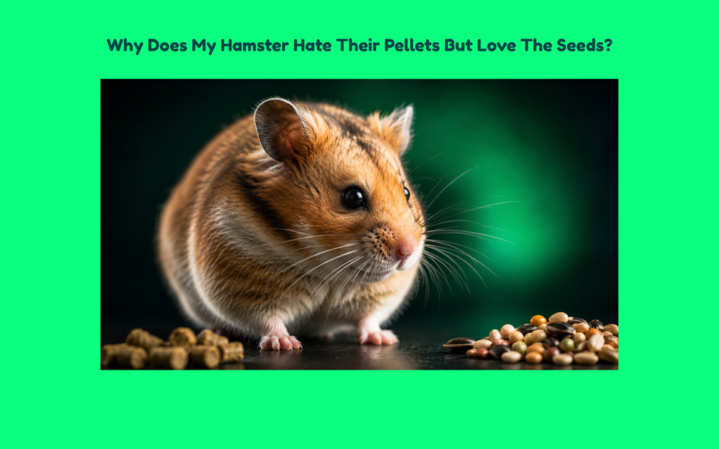 Syrian hamster visually assessing seed mix while pellets remain nearby, illustrating selective eating behavior and food preference