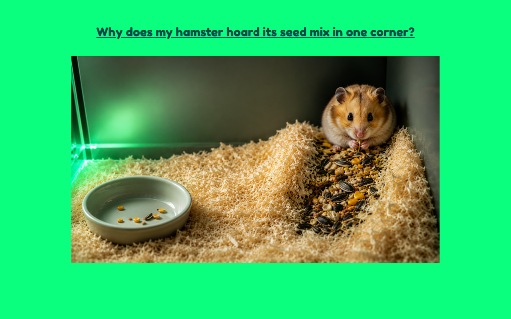 Alt Text: Hamster sitting beside a hidden seed mix stash in the corner of its enclosure, with a nearly empty food bowl on the opposite side and bedding partially covering the stored food.