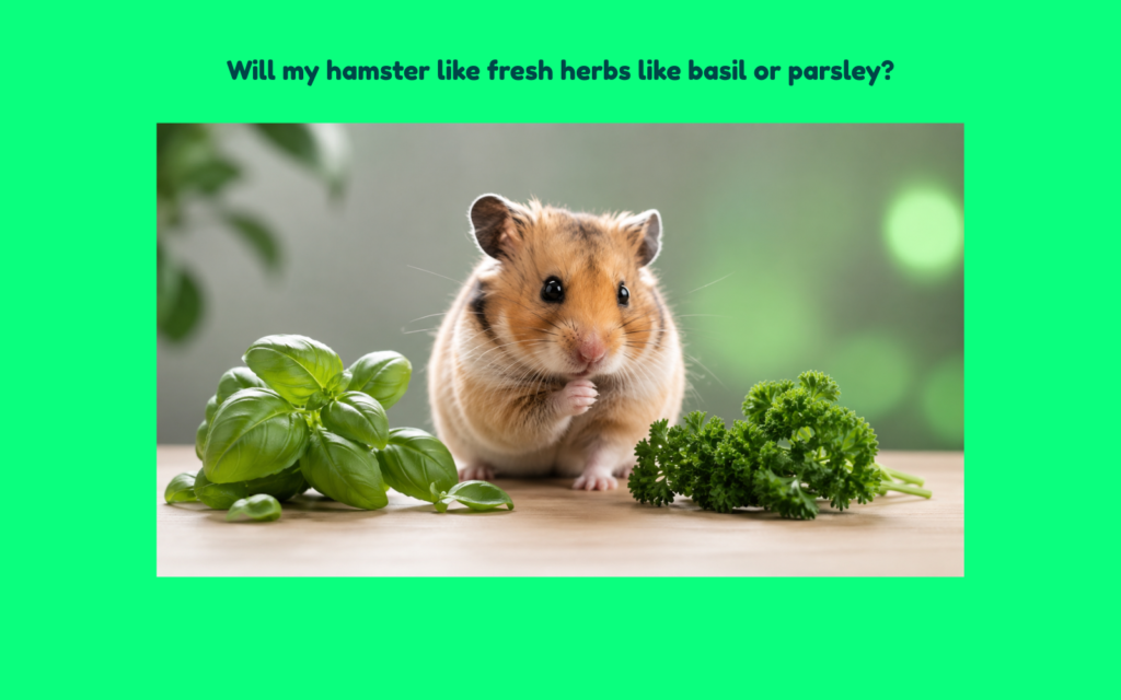 Golden Syrian hamster sitting between fresh basil and parsley, appearing to sniff and compare the herbs before choosing whether to eat them.