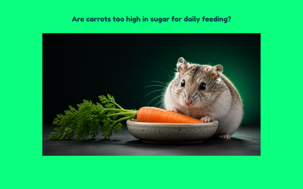 Hamster beside a fresh carrot in a ceramic feeding dish, illustrating whether carrots are too high in sugar for daily feeding