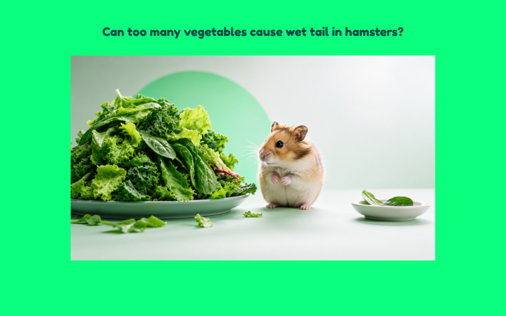 A hamster sits beside an oversized pile of fresh leafy green vegetables with a small untouched portion in a separate bowl, symbolizing excessive vegetable feeding in a clean editorial studio setting.