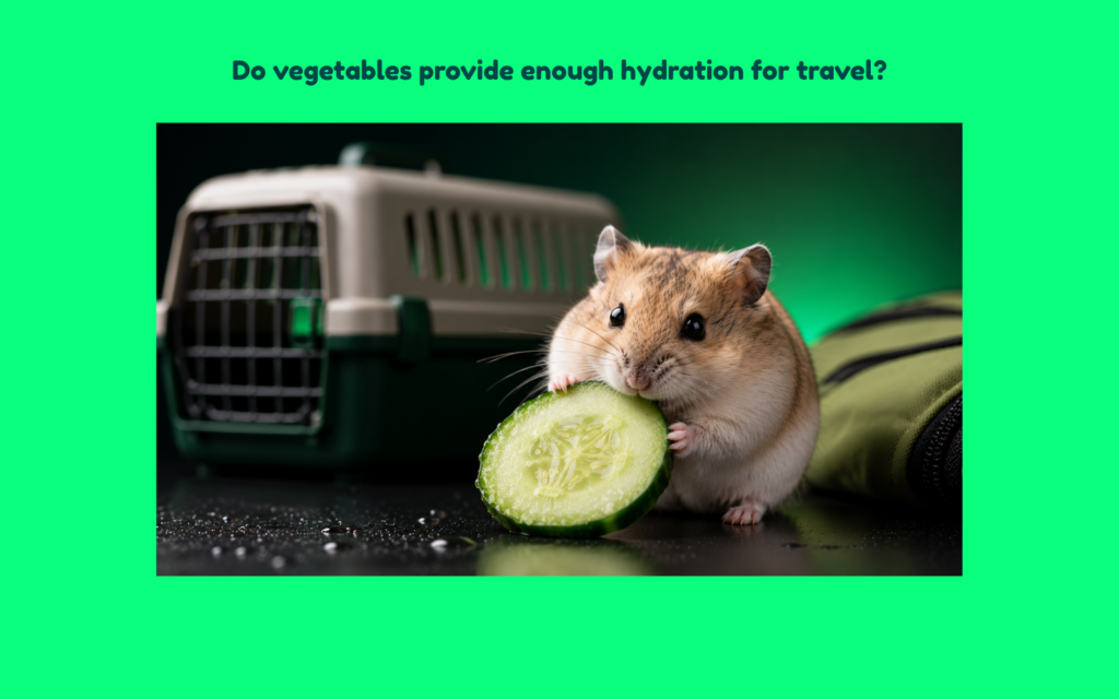 Dwarf hamster beside a fresh cucumber with a pet travel carrier in the background, representing vegetable hydration during travel.