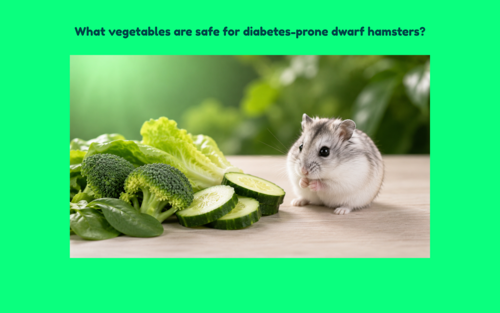 Winter White dwarf hamster examining broccoli, cucumber, zucchini, romaine lettuce, and spinach on a light stone surface in a premium editorial macro photograph about safe vegetables for diabetes-prone dwarf hamsters.