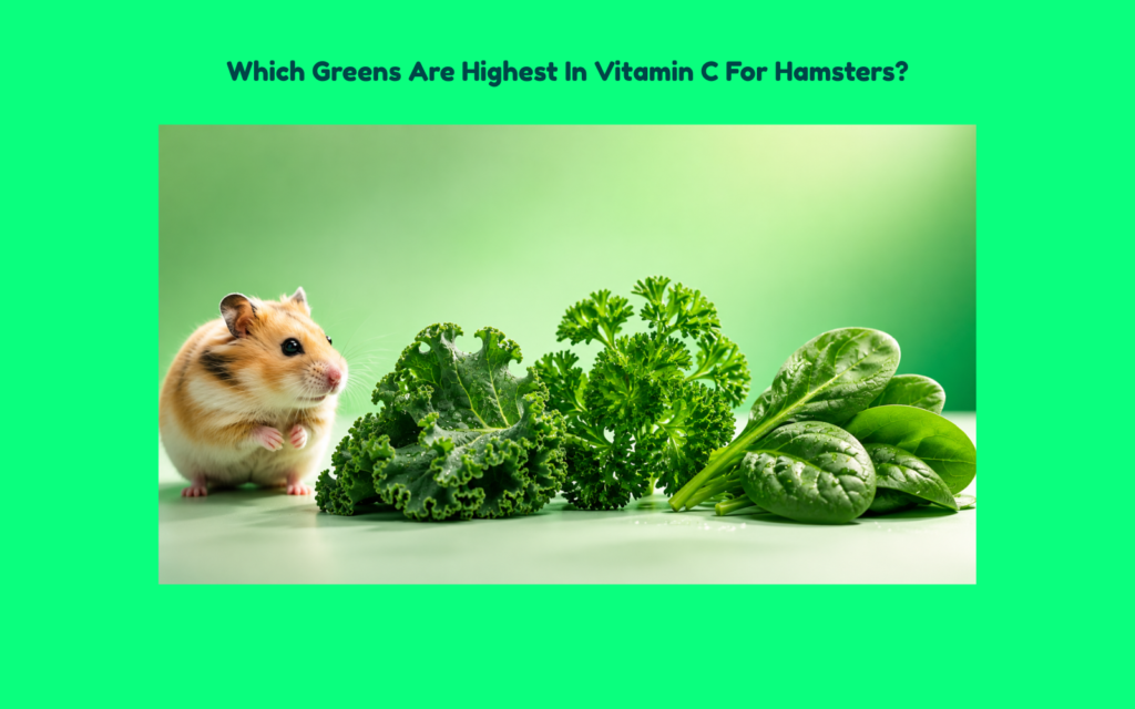 Golden hamster looking toward fresh kale, parsley, and spinach arranged as featured leafy greens rich in vitamin C for hamster diets