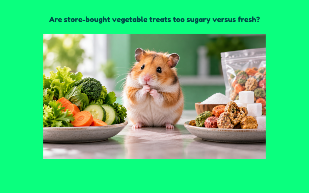 Hamster between fresh vegetables and store-bought vegetable treats with visible sugar cubes, comparing fresh and processed treat choices