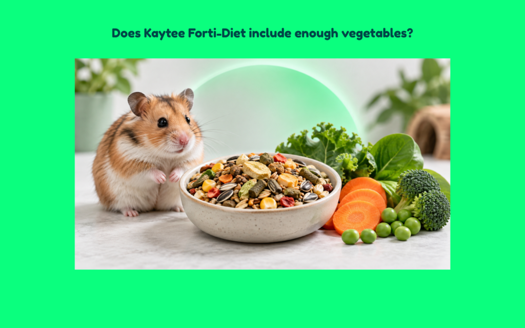 Hamster beside a bowl of fortified dry food with carrots, peas, broccoli, and leafy vegetables