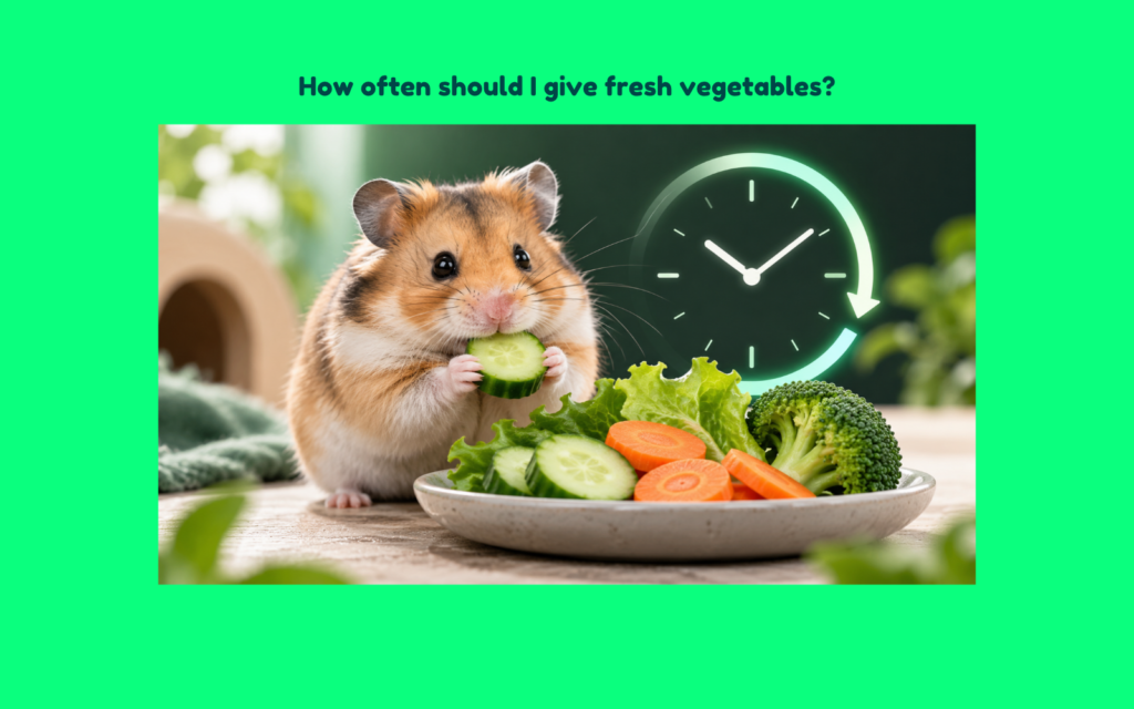 Syrian hamster eating cucumber beside a plate of fresh vegetables with a clock symbolizing a regular vegetable feeding schedule.