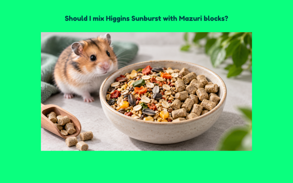 Hamster beside a food bowl containing seed mix and uniform Mazuri-style blocks, illustrating a mixed hamster diet