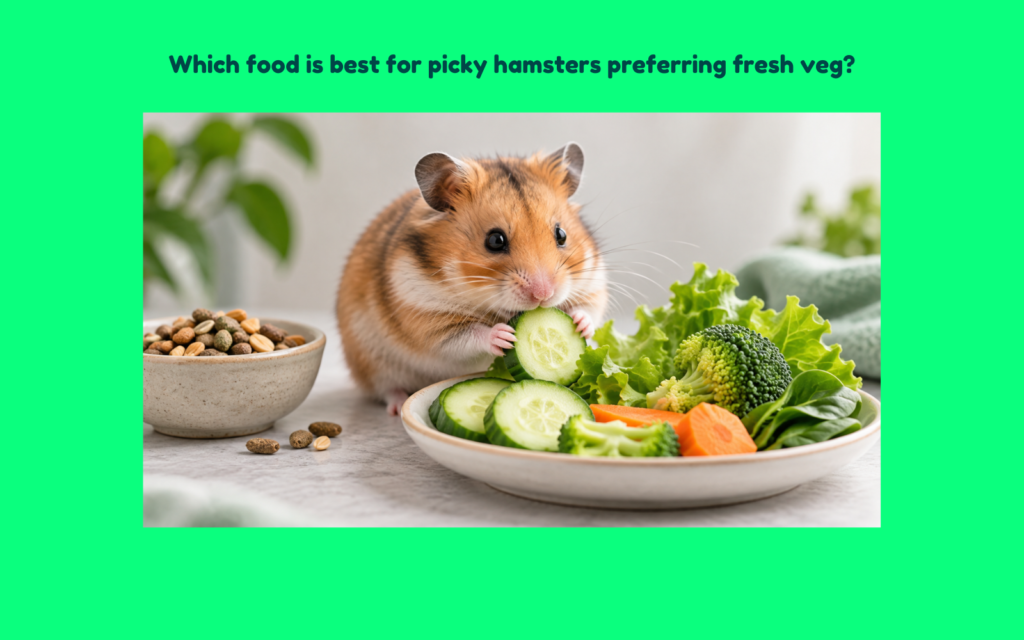 Picky hamster choosing fresh vegetables over dry food, with cucumber, broccoli, leafy greens, and carrot.
